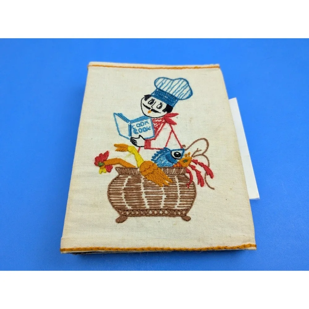 1970s Handwritten Clipped Vintage Retro Recipe Binder Embroidered Cover NYC